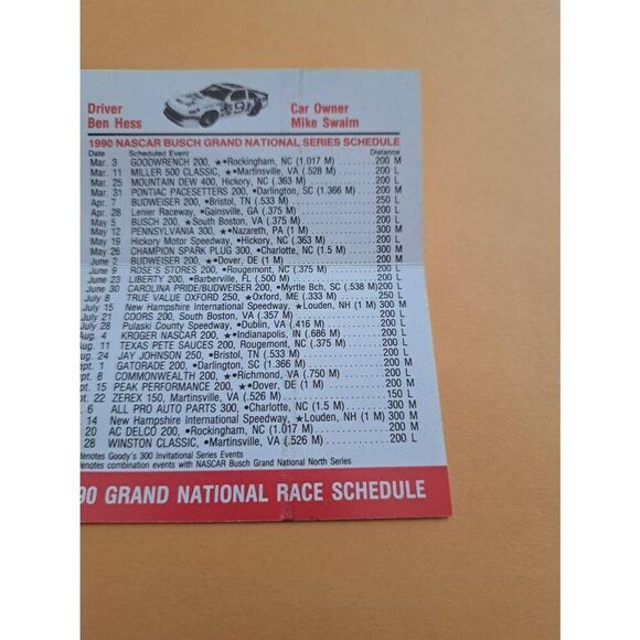 1990 NASCAR BUSCH GRAND NATIONAL TEXAS PETE RACING POCKET SCHEDULE BEN HESS #9 - Picture 4 of 5
